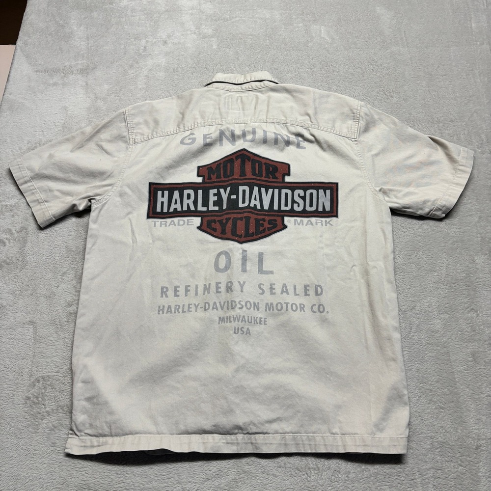 Harley-Davidson Shirt Mens L Genuine Motor Oil Tan Short Sleeve Button Down READ